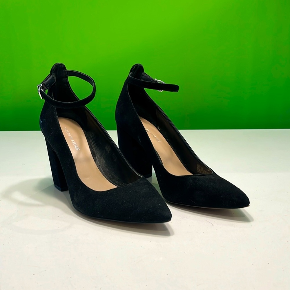 Saks Fifth Avenue- black suede pumps with ankle strap.